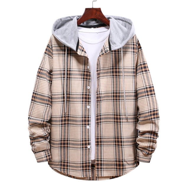 Mgmyaa Men's Plaid Hooded Jacket Drawstring Outdoor Flannel Shacket Casual Loose Fit Button Down Shirt