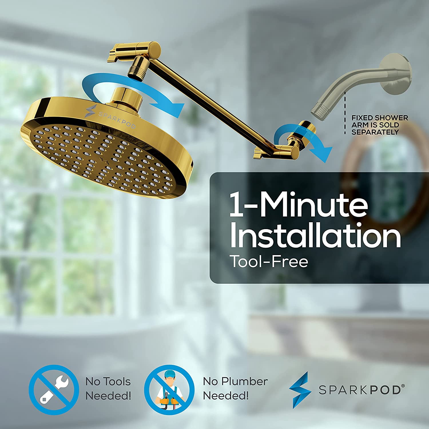 SparkPod Rain Shower Head with Adjustable Extension Arm 11" - High Pressure, Easy Install (6" inch Shower head, Egyptian Gold)