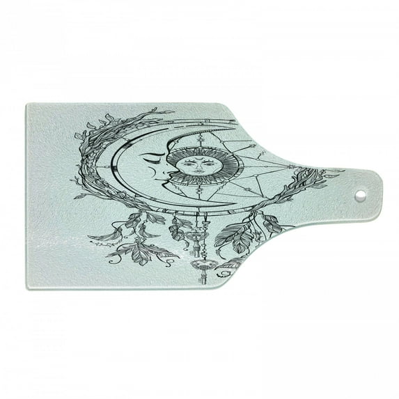 Mystic Cutting Board, Dreamcatcher Feathers with Sun and Moon Inside Cosmos Image, Decorative Tempered Glass Cutting and Serving Board, Wine Bottle Shape, Black White, by Ambesonne