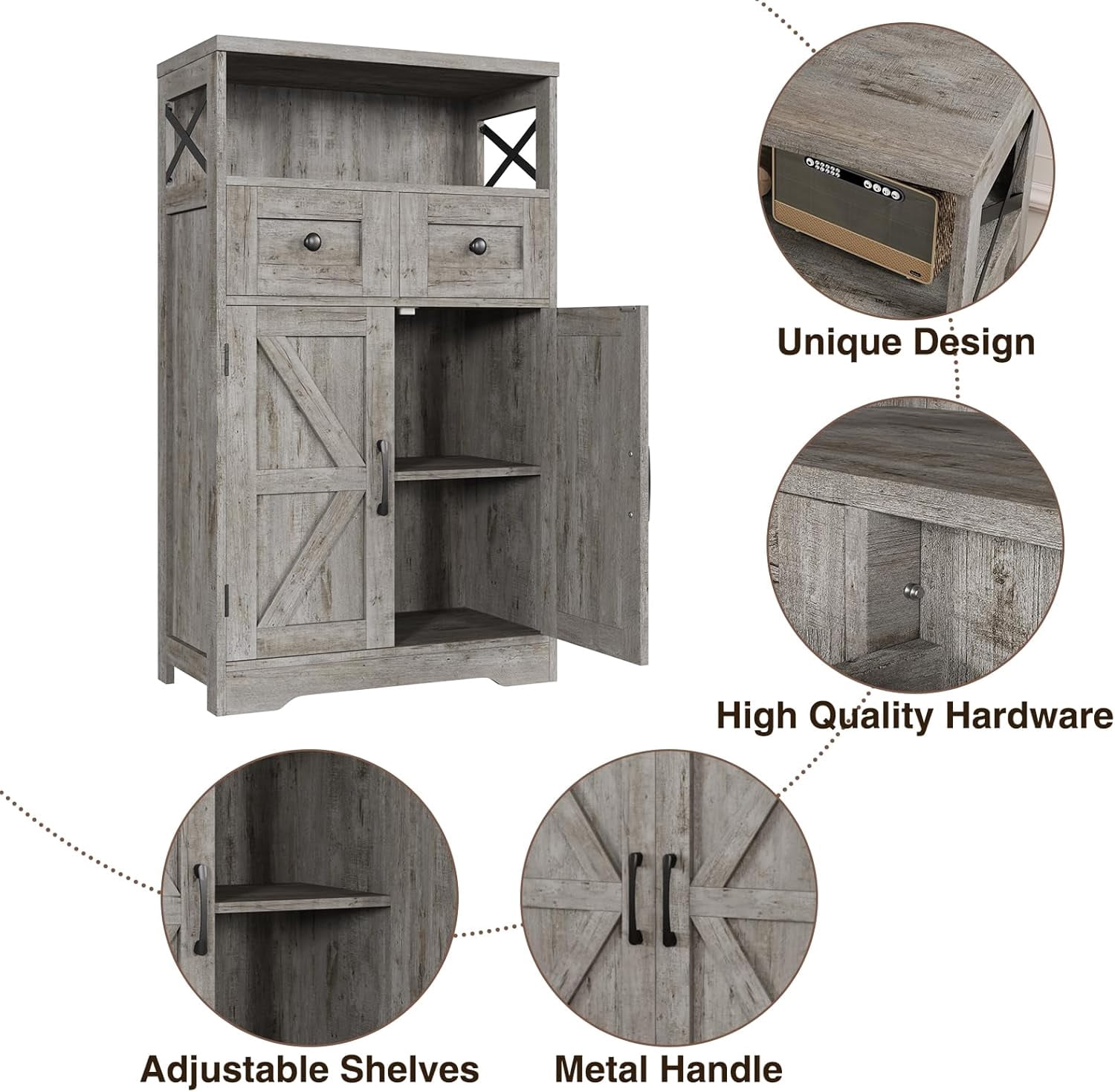 Farmhouse Storage Cabinet with Drawers and Adjustable Shelves, Freestanding Kitchen Pantry Storage Cabinet, Floor Storage Cupboard for Dining Living Room Home Office, Washed Grey