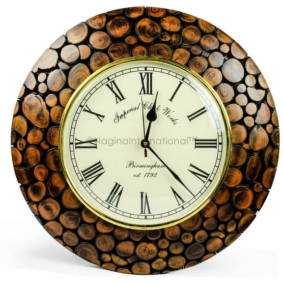 Nagina International Sliced Logs Premium Wood Crafted Decorative Colorful Wall Clock with Numbed Matte Velvet Finish | Exclusive Wall Decor (Teak Wood)