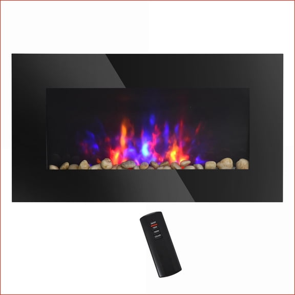 Electric Wall-Mounted Fireplace 28.5" 1500W with Flame Effect, 7 Color Lights | Black | Tempered Glass