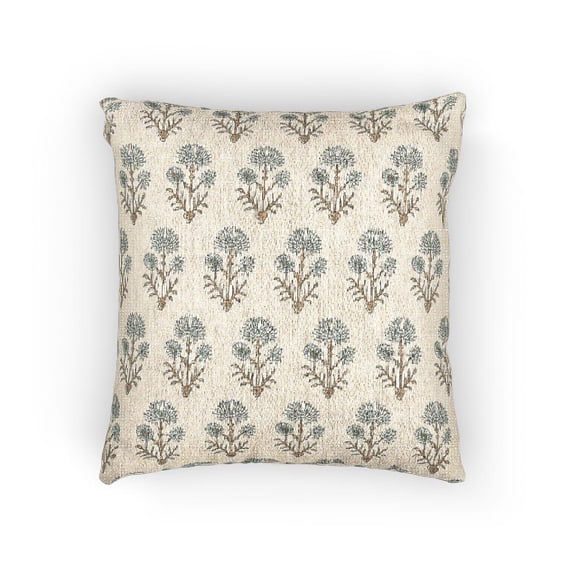 Dusty Blue and Brown Floral Sprig Decorative Woven Pillow, Cotton-Polyester, Botanical Style
