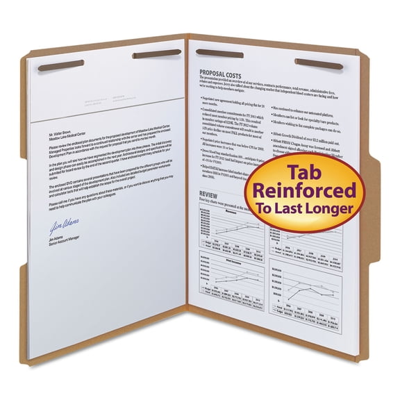 Smead® Kraft Reinforced Tab Fastener Folders, Letter Size, 1/3 Cut, Pack Of 50