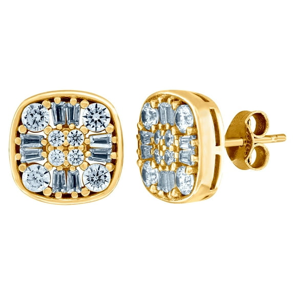 10k Yellow Gold Mens Round & Baguette Cubic Zirconia Square Head Stud Earrings Earring for Men
