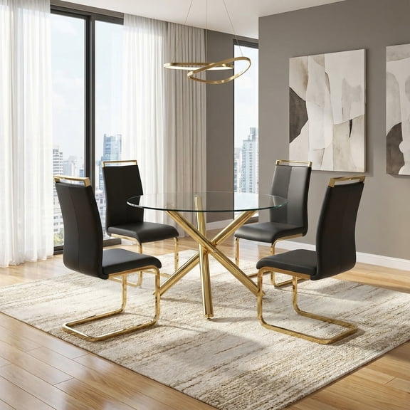 Sumdeal 5-Piece Modern Dining and Chair Set features a glass dining table paired with four PU leather chairs. This space-saving set is suitable for dining rooms, living rooms, and offices.