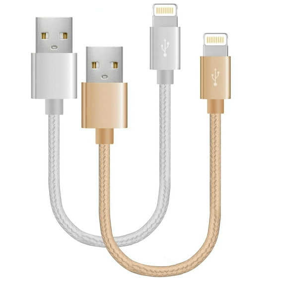 Chargers, Short Nylon Braided Fast Charging Cord, Data Sync Short Cable USB Powered Compatible with Apple iPhone, iPod Mobile Digital Device, Charging Station, Black, Gold 10-inch, 2-Pack