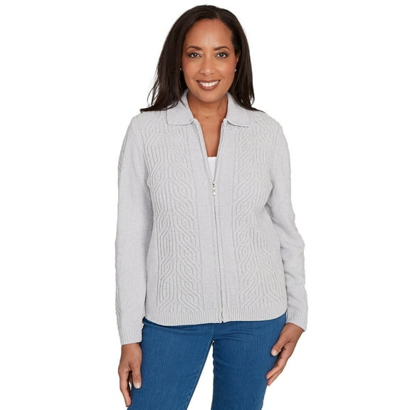 Alfred Dunner Womens Zip-Front Chenille Collared Cardigan