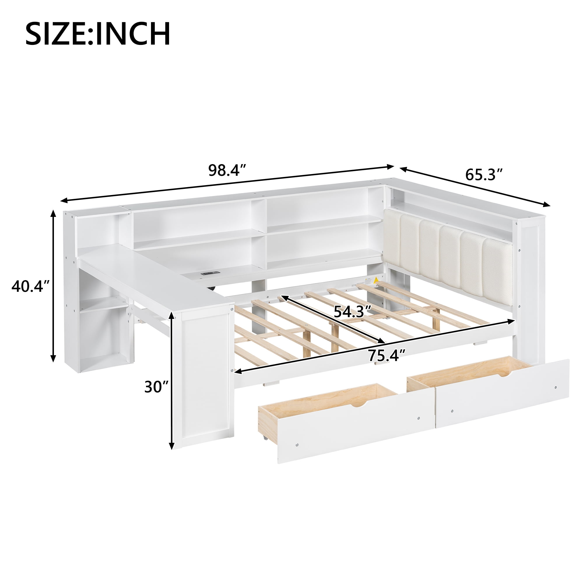 Euroco Wood Full Size Daybed with Desk and Shelves, Captain Bed with Upholstered Headboard, LED Light and USB Charging, White