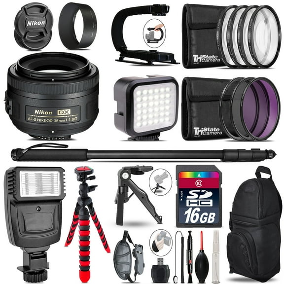 Nikon AFS 35mm 1.8 -Video Kit + Slave Flash + Monopad - 16GB Accessory Bundle (International Version)
