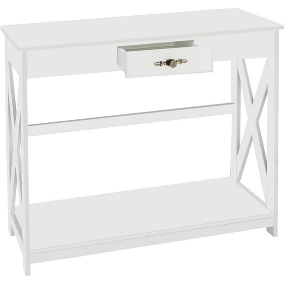 SAZYY White Console Table with Drawer and Shelf, Entryway Table with Storage, Narrow Sofa Table Behind Couch, Entry Table for Living Room, Hallway, Entrance, Foyer, 39.4”W x 11.8”D x 31.7”H