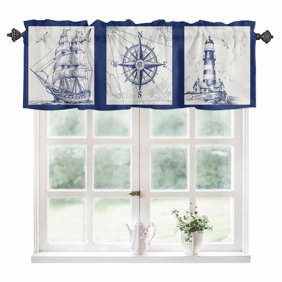 Nautical Navy Kitchen Valances for Windows 42x12 Inch Kitchen Curtains Valances Rod Pocket Blue Lighthouse Boat Compass Ocean Bathroom Window Valances for Window Treatment Decor