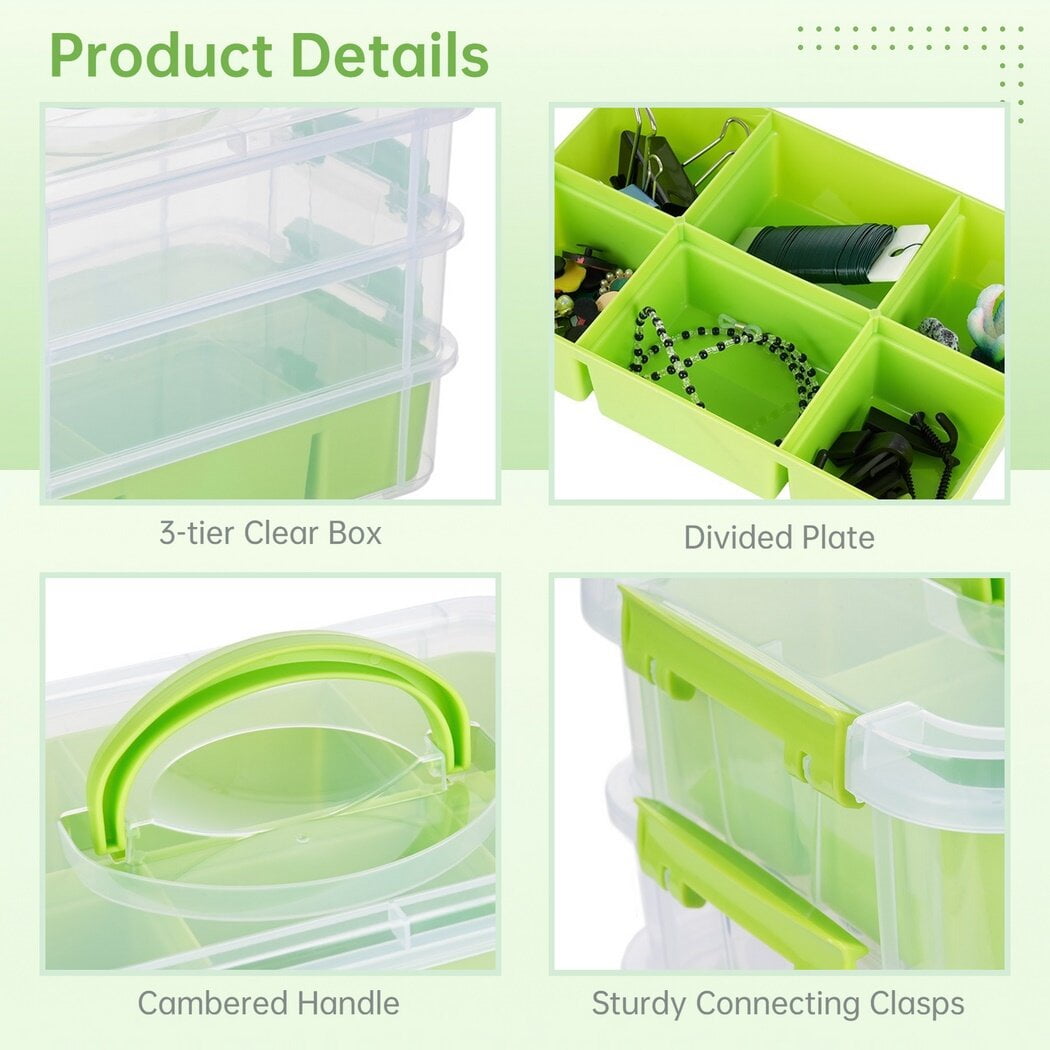3-Layer Organizer Case Stack & Carry Box, Plastic Multipurpose Storage Container Box, Portable Handled Storage Box with Removable Tray for Organizing Sewing Supplies