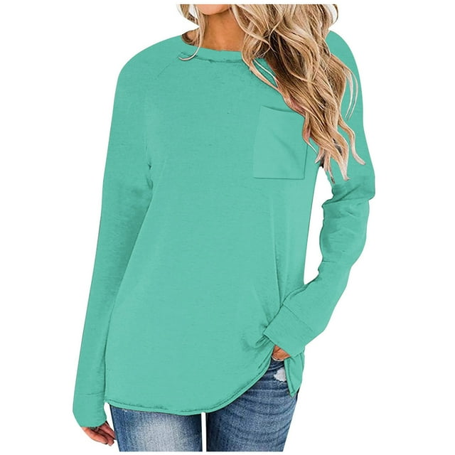 Timegard Womens Tops Crewneck Long Sleeve Drop Shoulder Basic Tee Fall Casual Loose Tops with Pocket