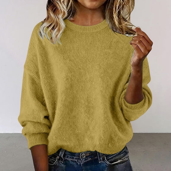 ClodeEU Womens Puff Long Sleeve Plush Sweaters, Soft Warm Fuzzy Loose Fit Trendy Loose Sweater Yellow,Womens Plus L