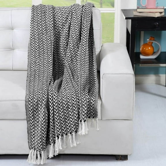 Timberbrook THRH023 Hogan Cotton Throw Blanket, Black & Ivory