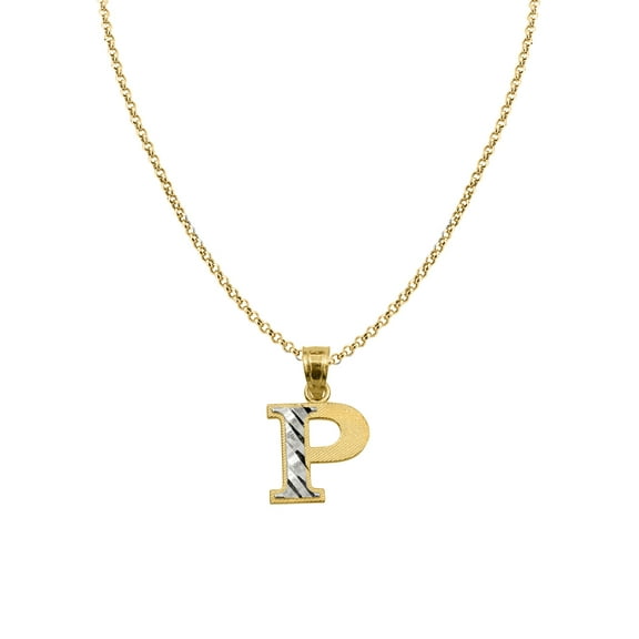 Genuine 14k Two-tone Gold 0.59" Diamond-cut Initial Letter P Necklace 16", 18", 20", 22" Trendy Charm Initial Necklaces for Women