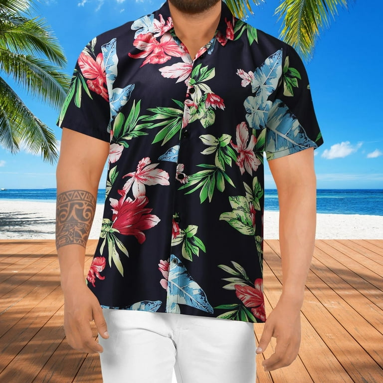 Black T Shirt Dress Mens Spring Summer Casual Floral Hawaiian Beach  Tropical Casual Button Down Short Sleeve Shirts