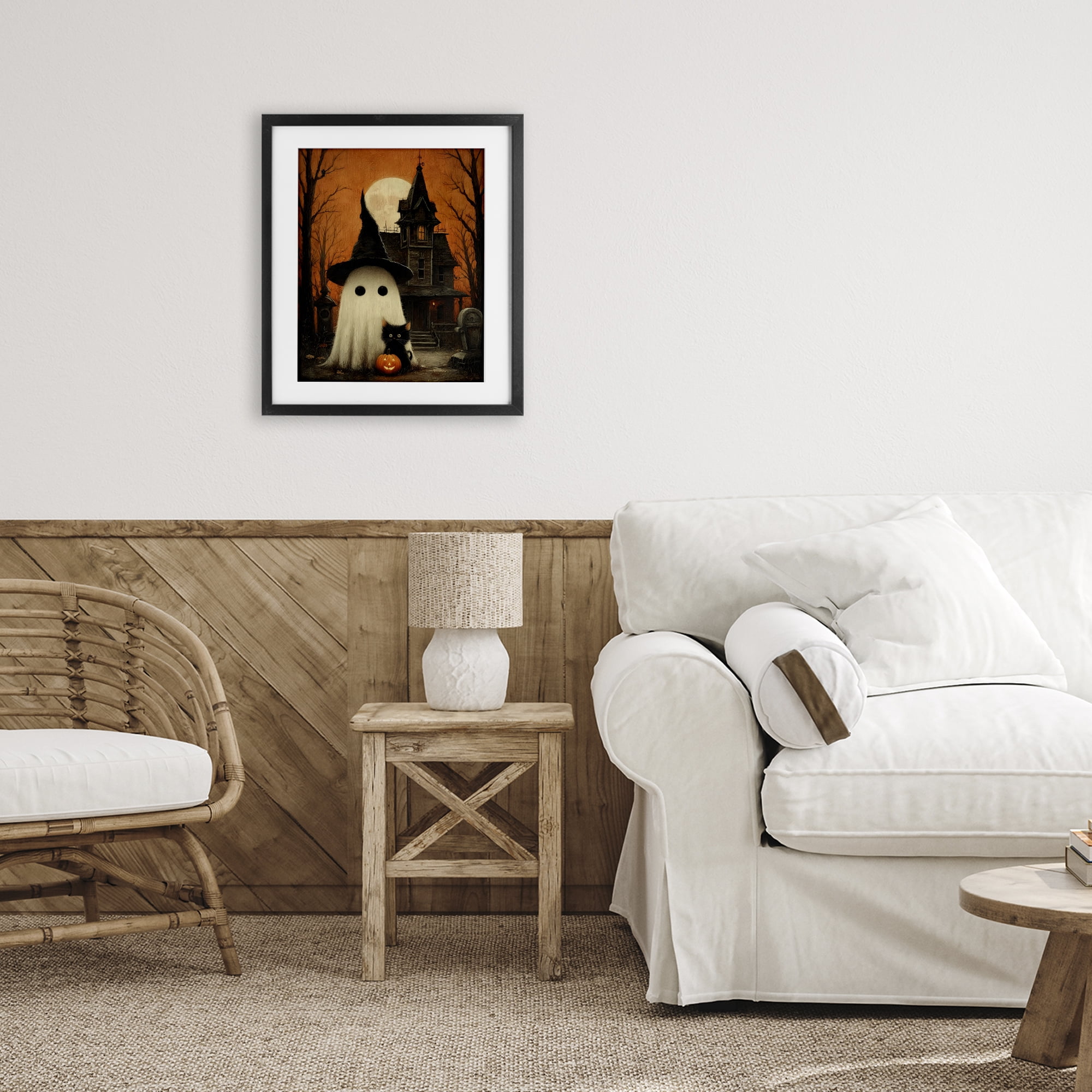 Cute Ghost & Haunted House Black Framed Print Under Glass, design by Arlington Prints