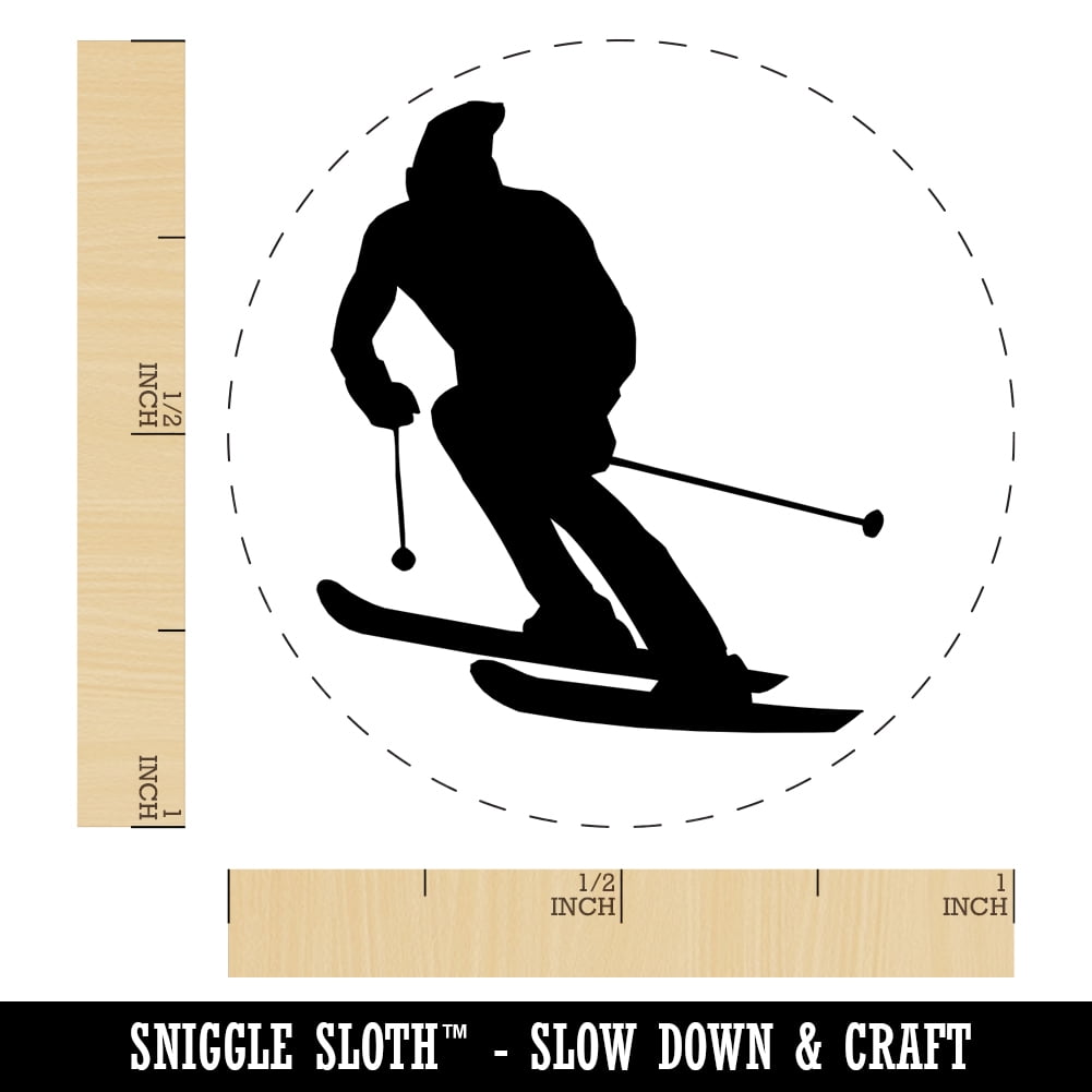 Skiing Skier Solid Self-Inking Rubber Stamp Ink Stamper - Blue Ink - Medium 1 Inch
