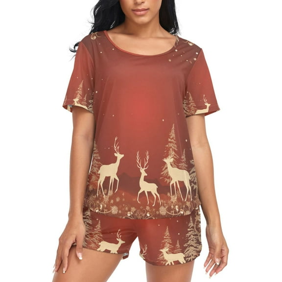 joogoo Women's Pajama Set Christmas Deers Short Sleepwear Loungewear with Pockets M