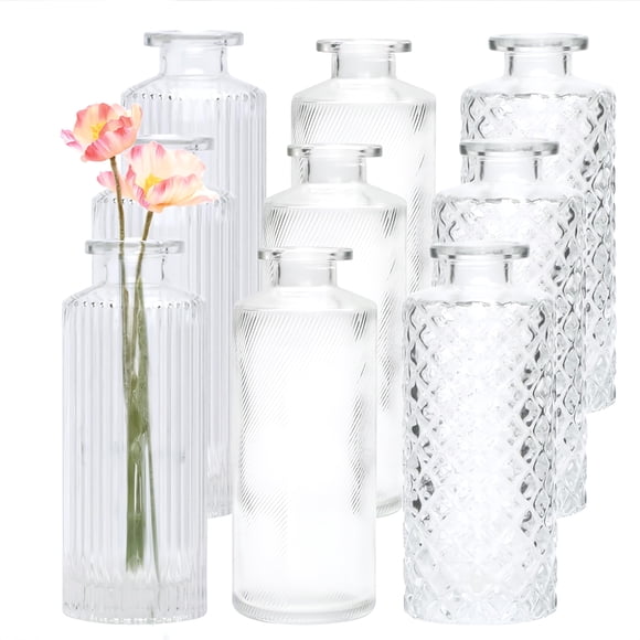 Juego de jarrones de cristal Brajttt Vintage Flower, 9 unidades, para bodas, transparentes