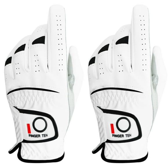 FINGER TEN Golf Gloves Men Left Hand Handed Golfer Cabretta Leather Value 2 Pack, Mens Non Slip Natural Fit All Weather