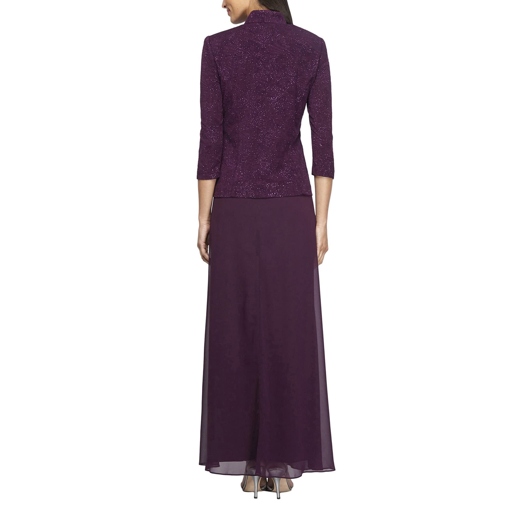 Alex Evenings Long Jacquard Knit Jacket Dress with Mandarin Collar