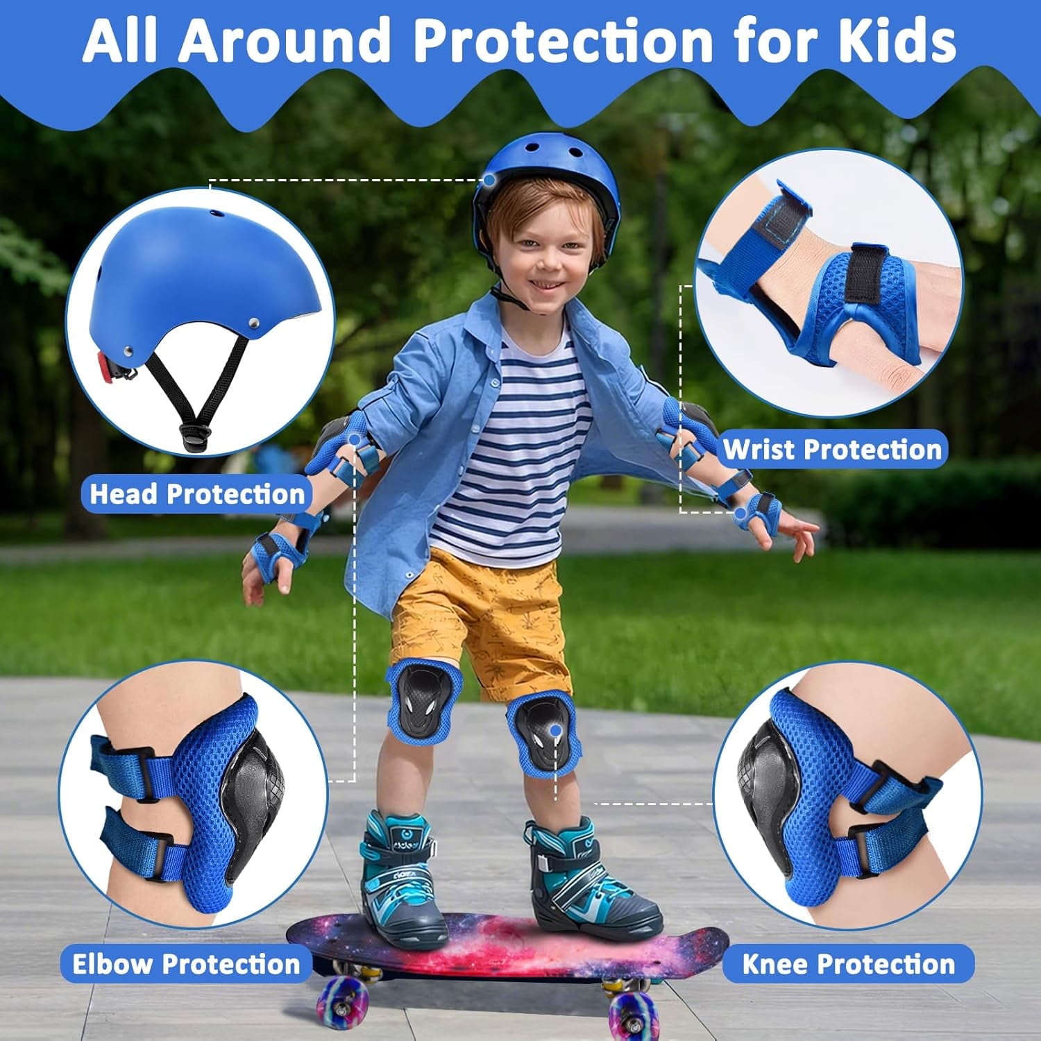 Yiomxhi Adjustable Kids Bike Helmet Set with Knee Elbow and Wrist Pads, Toddler Skateboard Helmet for Ages 3-5-8-14 Boys Girls, Protective Gear Set for Youth, for Scooters Rollerskates