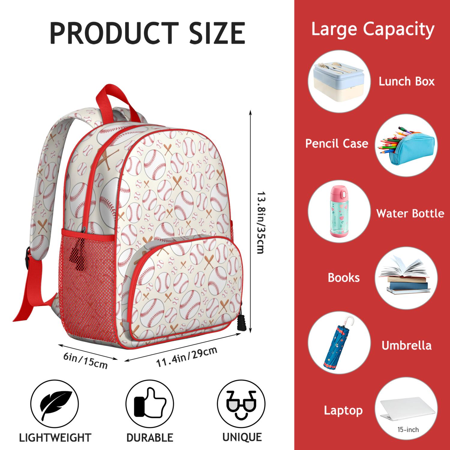 Waterproof Backpack for Students - Durable, Adjustable with Team Prints for Baseball, Football, and Soccer