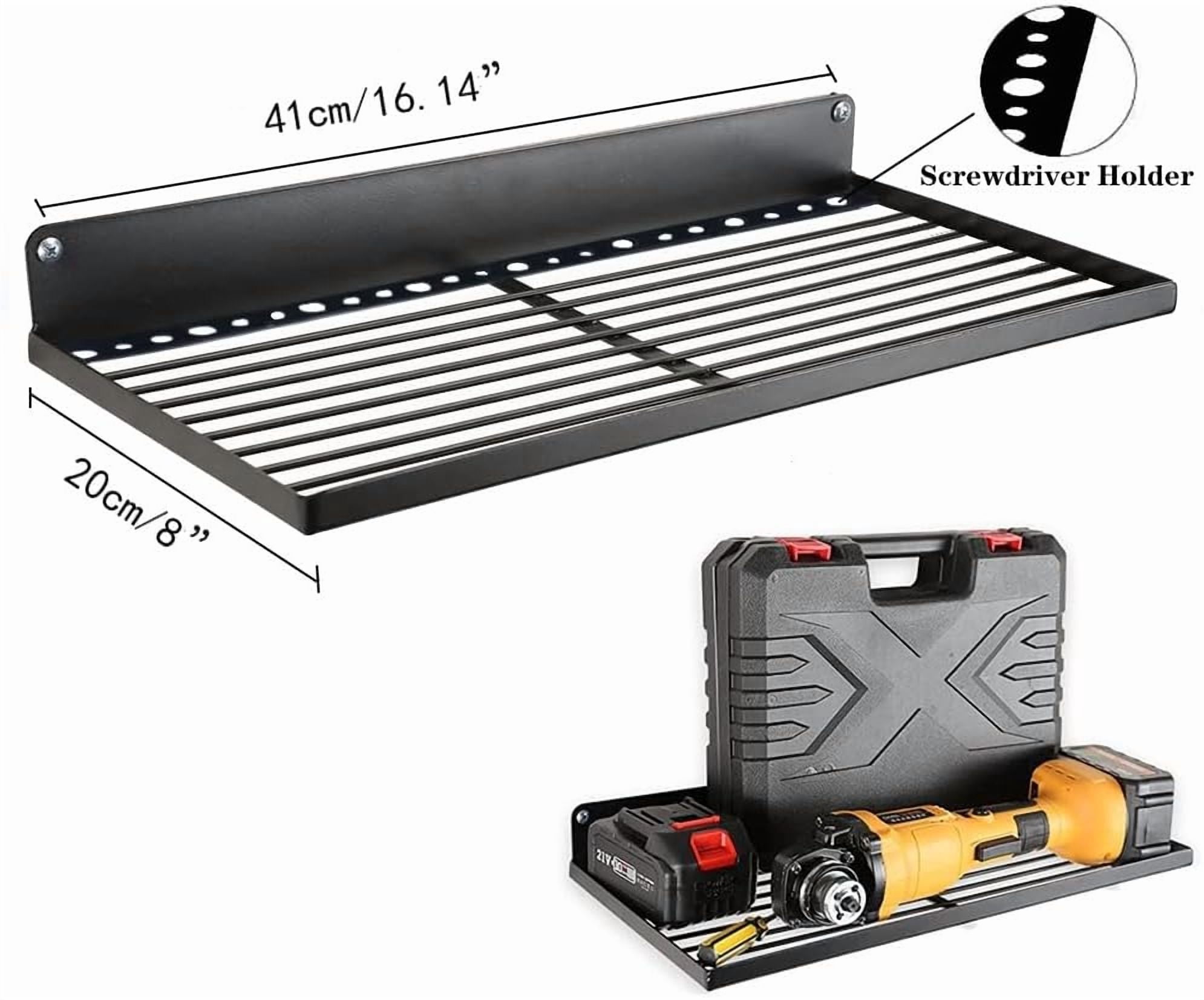 Power Tool Organizer Holder Storage Rack Wall Mounted Heavy Duty Alloy Steel Black with 1 Shelf and 1 Tool Rack