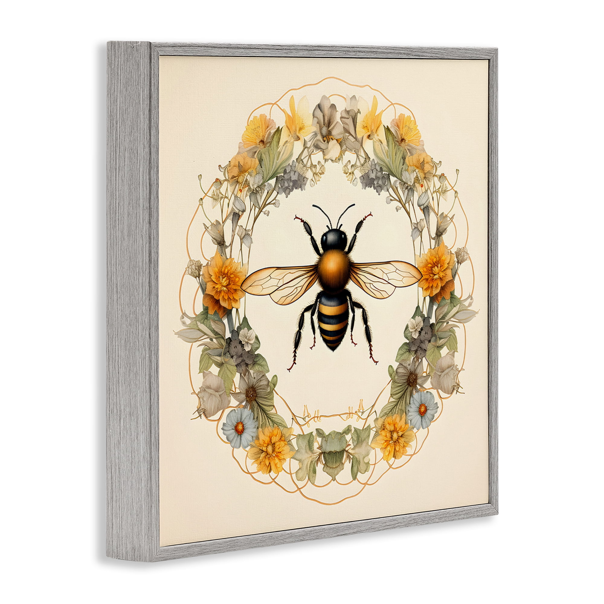 Stupell Industries Cottage Bee Wreath Animals & Insects Painting Gray Framed Art Print Wall Art, 17 x 17