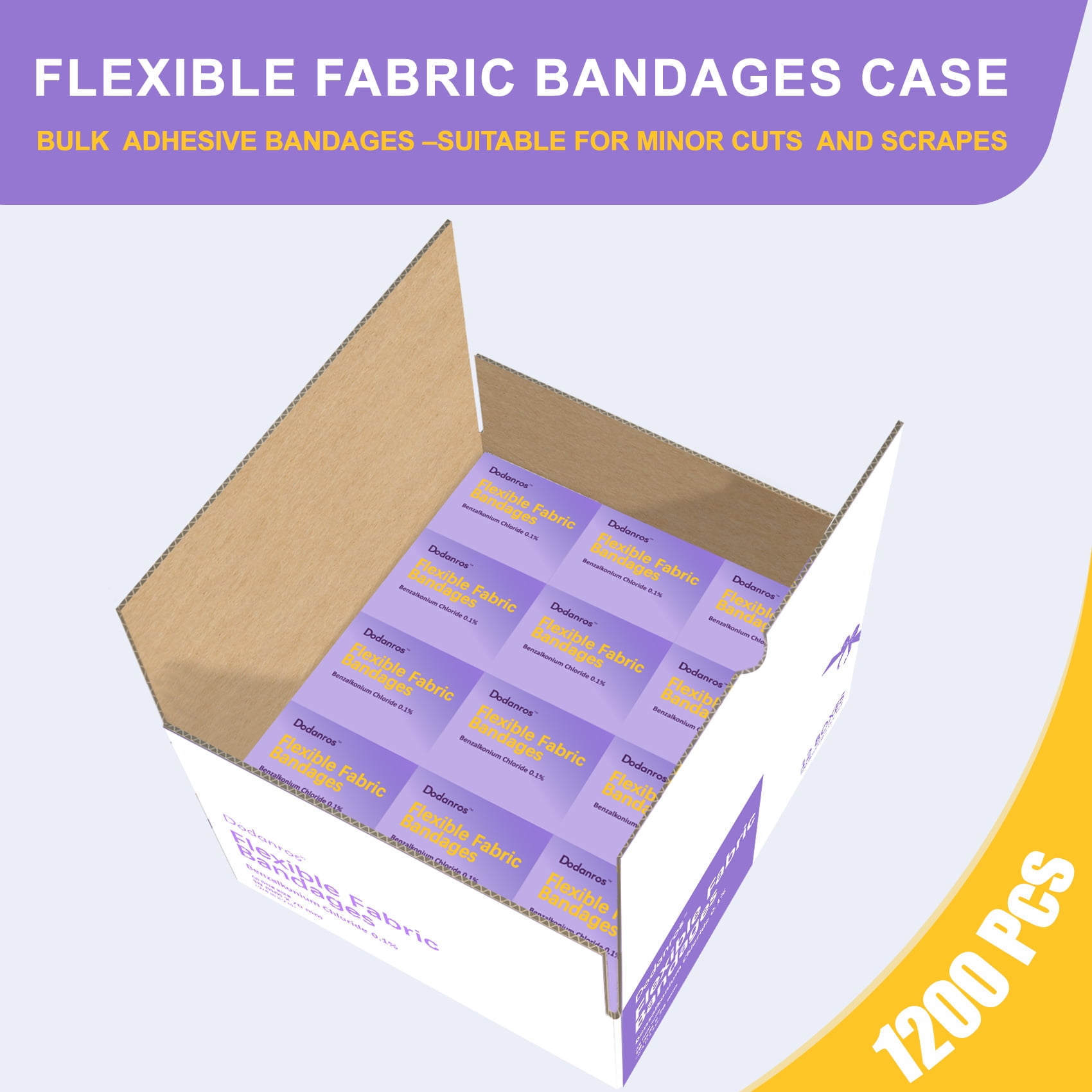 Dodanros Bulk Case of 1200 PCS Flexible Fabric Bandages, 3/4" x 3",Individual 12 Box Packaging,Include 0.1%Benzalkonium,Sterile, Breathable | Use for School, Hospital, Businesses, and First Aid Kits.