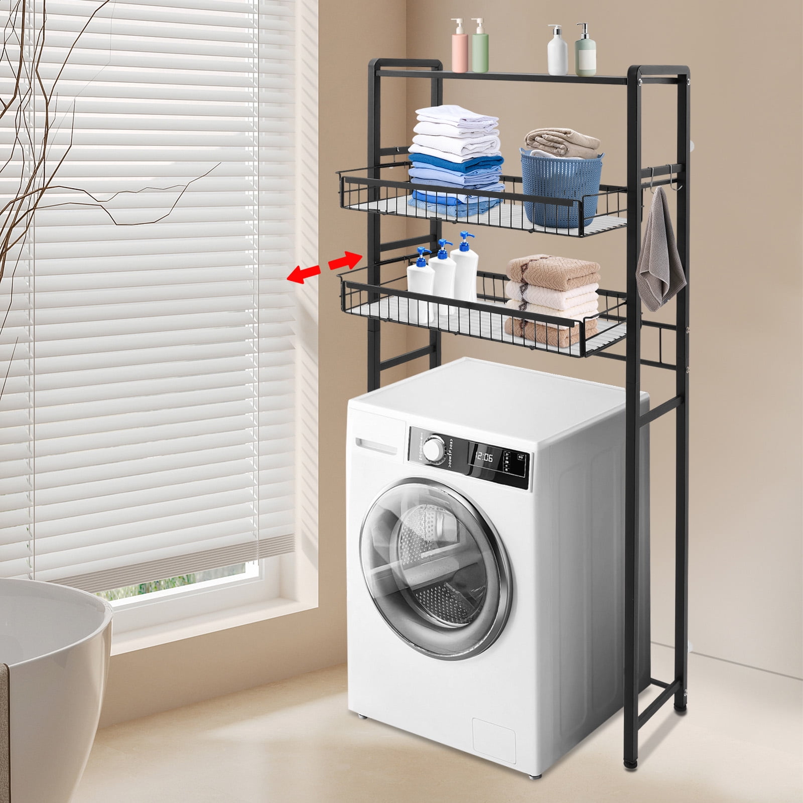 Black Washer Dryer Stacking Rack Stand, Dryer Storage Shelf with 3 Tiered Shelf, Space Saver Shelving Units Freestanding Closet Organizer Storage with Hooks