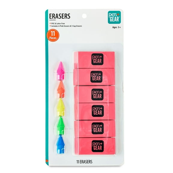 Pen+Gear Eraser Combo Pack, 11 Count – 6 Pink Block Erasers & 5 Cap Erasers, Assorted Colors