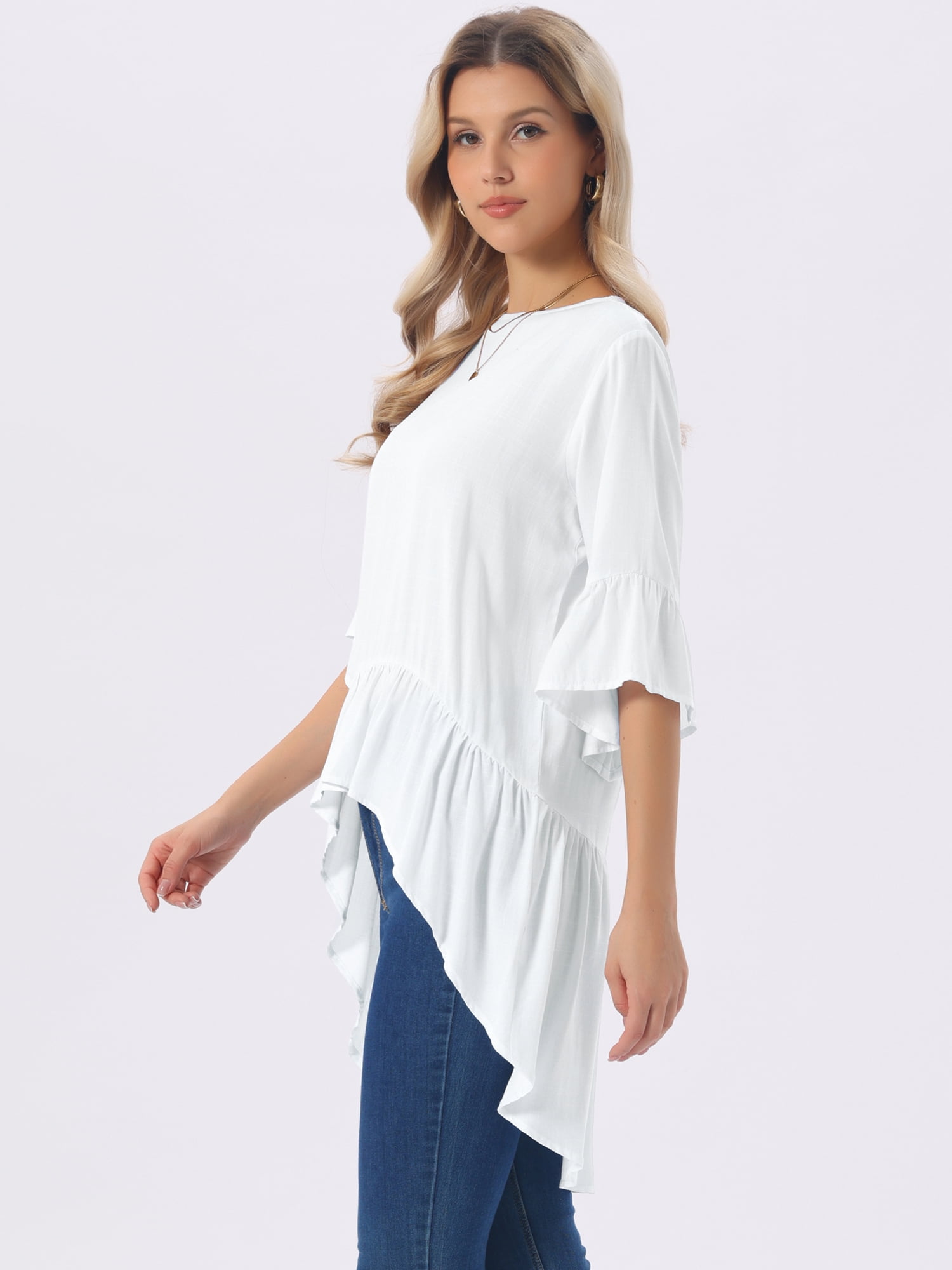 DARING DIVA Women's High Low Tops Bell Sleeve Crewneck Ruffle Blouse S White