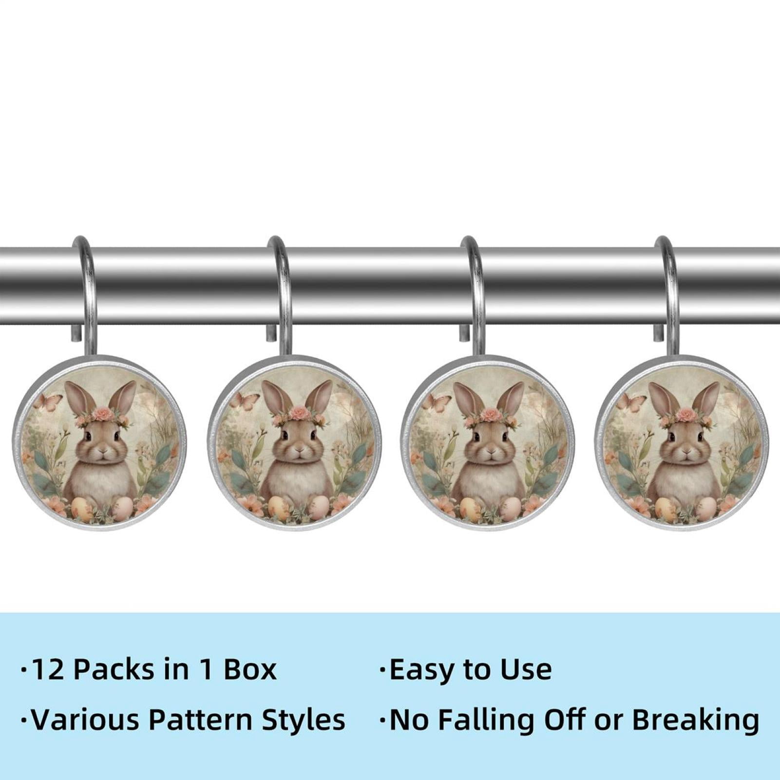 Imobaby 12 Pcs Metal Shower Curtain Hooks Rust Proof for Shower Curtain Liner - Vintage Wreath Bunny