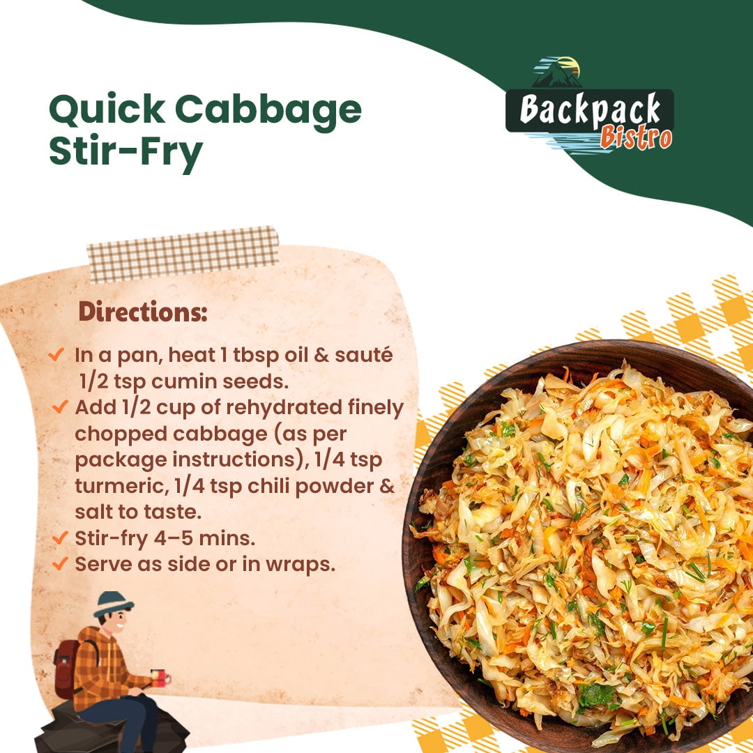 Backpack Bistro | PACK of 6 Dehydrated Finely Chopped Cabbage 8.8 oz (250 g) | Ideal for Everyday, Camping Food, Emergency & Backpacking Meals | Soups, Salads , Noodles, Stir-Fries