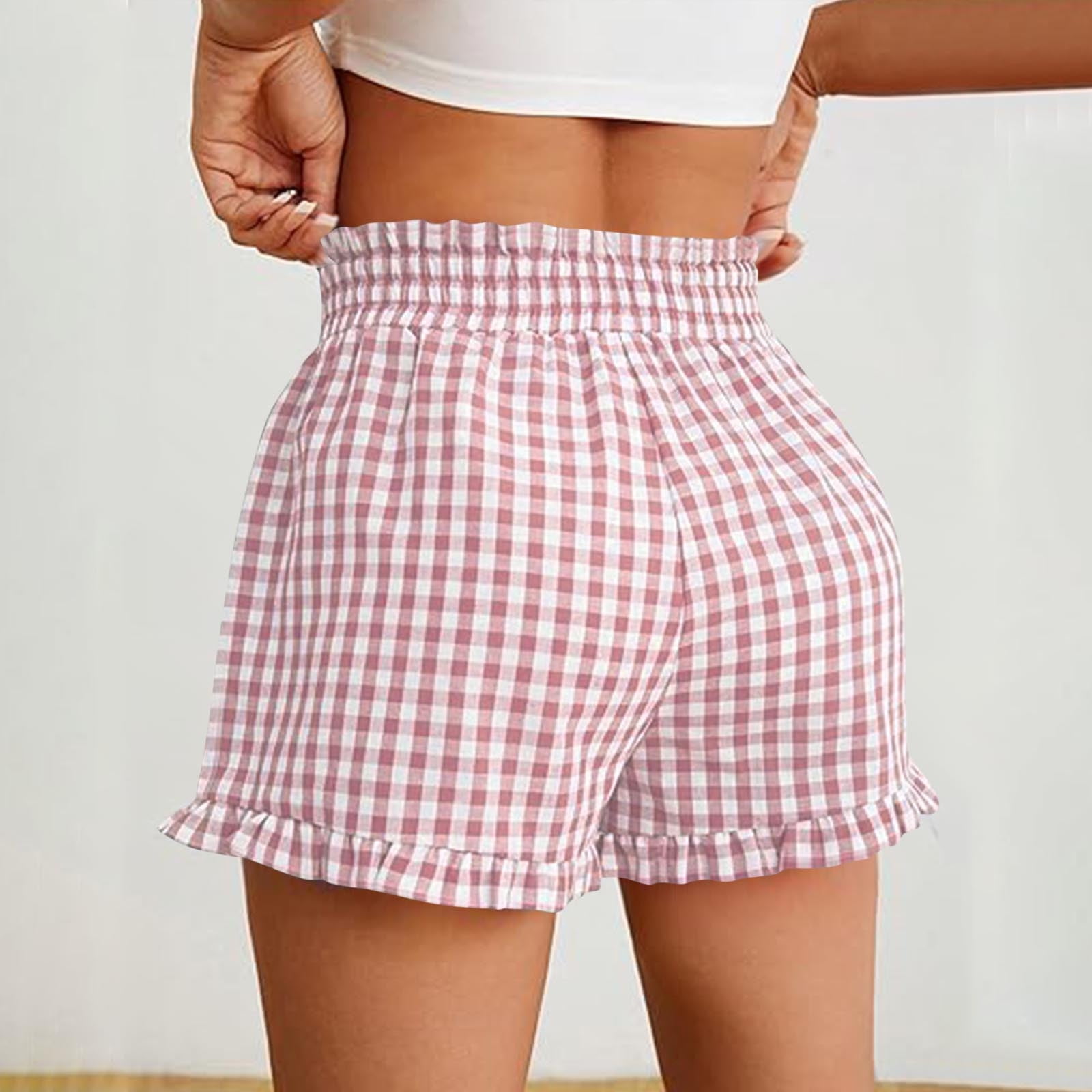 Pink Checkered Pj Shorts UVEASISHA Y2k Womens Ruffle Shorts Plaid