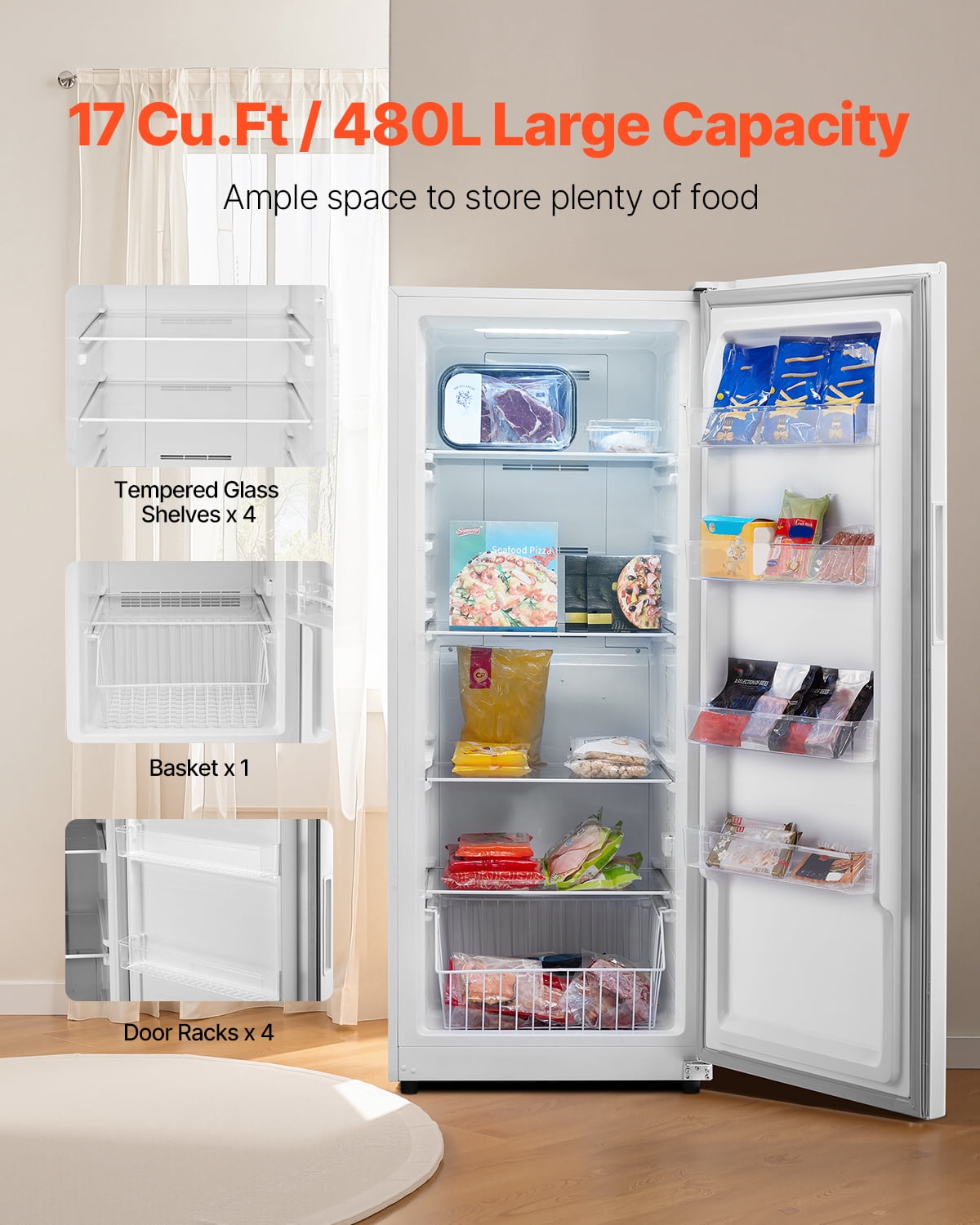 VEVOR Convertible Freezer/Refrigerator, 17 Cu.Ft Frost Free Upright Freezer with Temp Control Panel, Door Open too Long Alarm, Adjustable Shelves and LED, Standing Fridge for Kitchen, Office, Garage