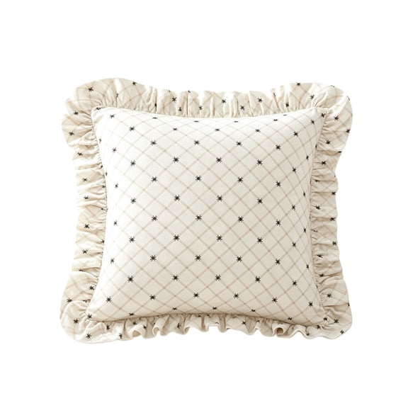 Leutsin Mini Spider Ruffle Decorative Pillow, 18 x 18 inch Cream Beige Grid Throw Pillow Halloween Indoor Decor, Vintage Farmhouse Accent Cushion