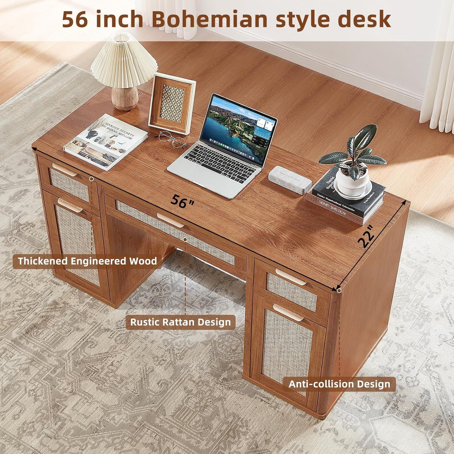 LEYAOYAO 56" Rattan Computer Desk with 3 Drawers & 2 Storage Cabinets, Boho Executive Desk, Modern Writing Desk for Home Office Bedroom, Tea Brown