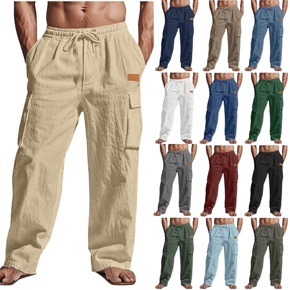 Purcolt Men's Summer Casual Cargo Pants Lightweight Loose Fit Drawstring Elastic Waist Trouser Y2K Wide Leg Workout Beach Pants