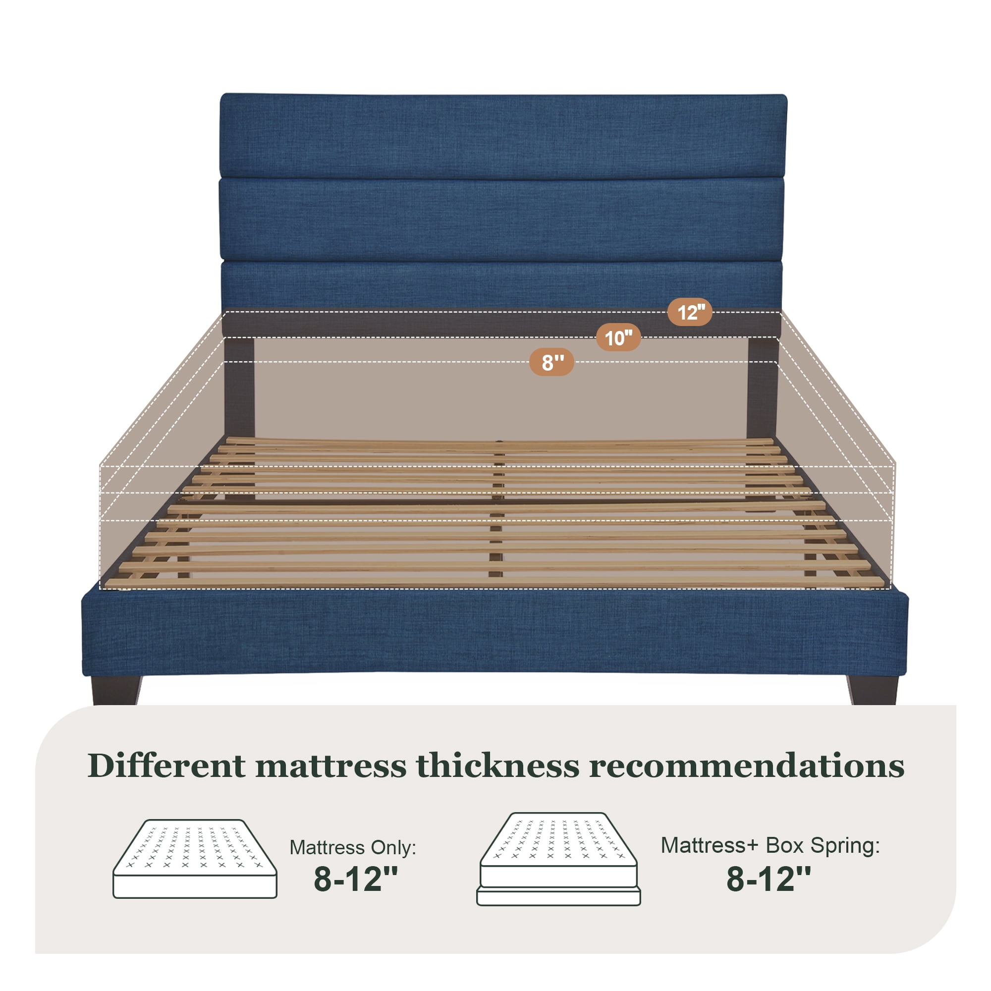 Navy Blue Queen Size Upholstered Platform Bed Frame with Headboard