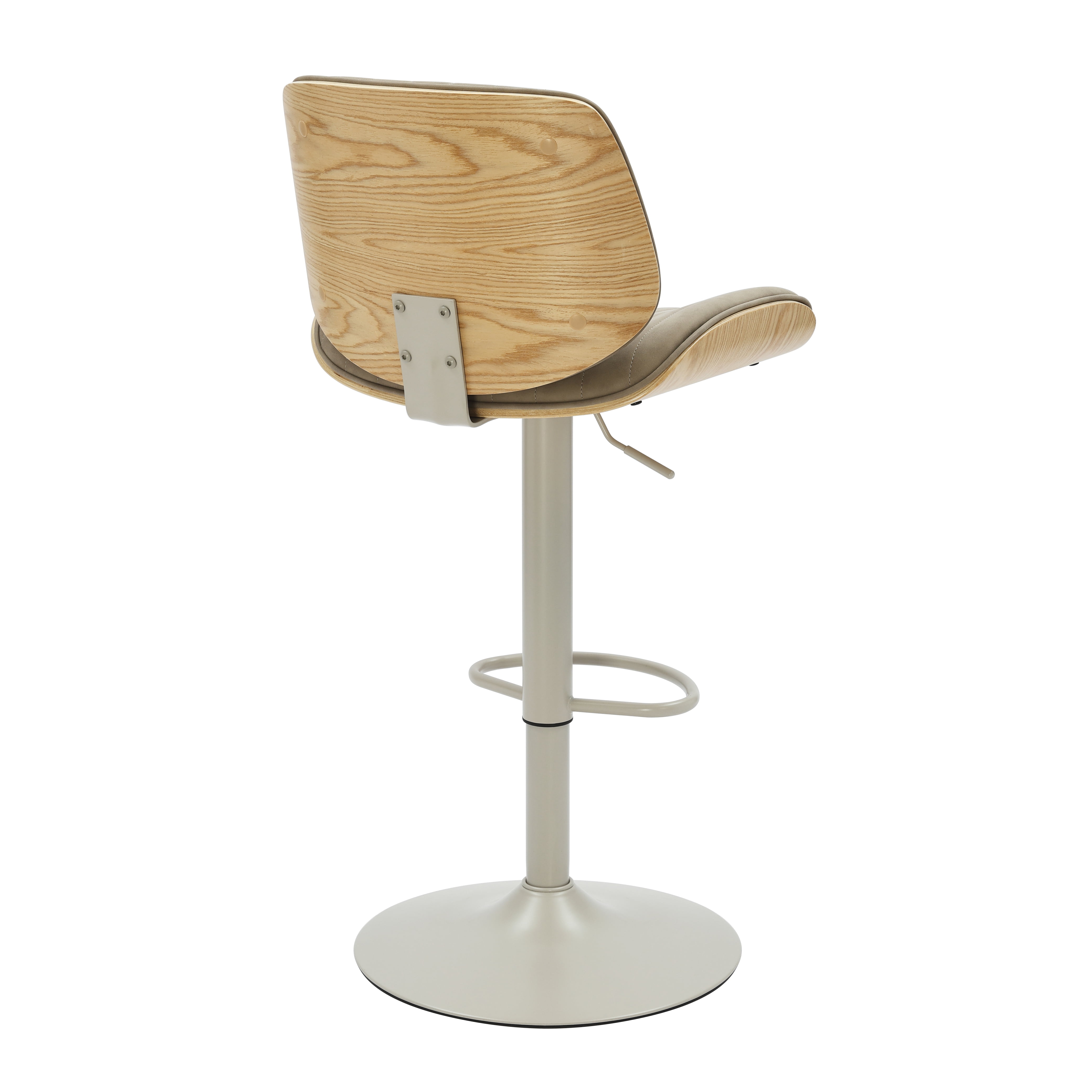 Brock Adjustable Swivel Vintage Taupe Curved Back Wood Bar Stool with Faux Leather Seat