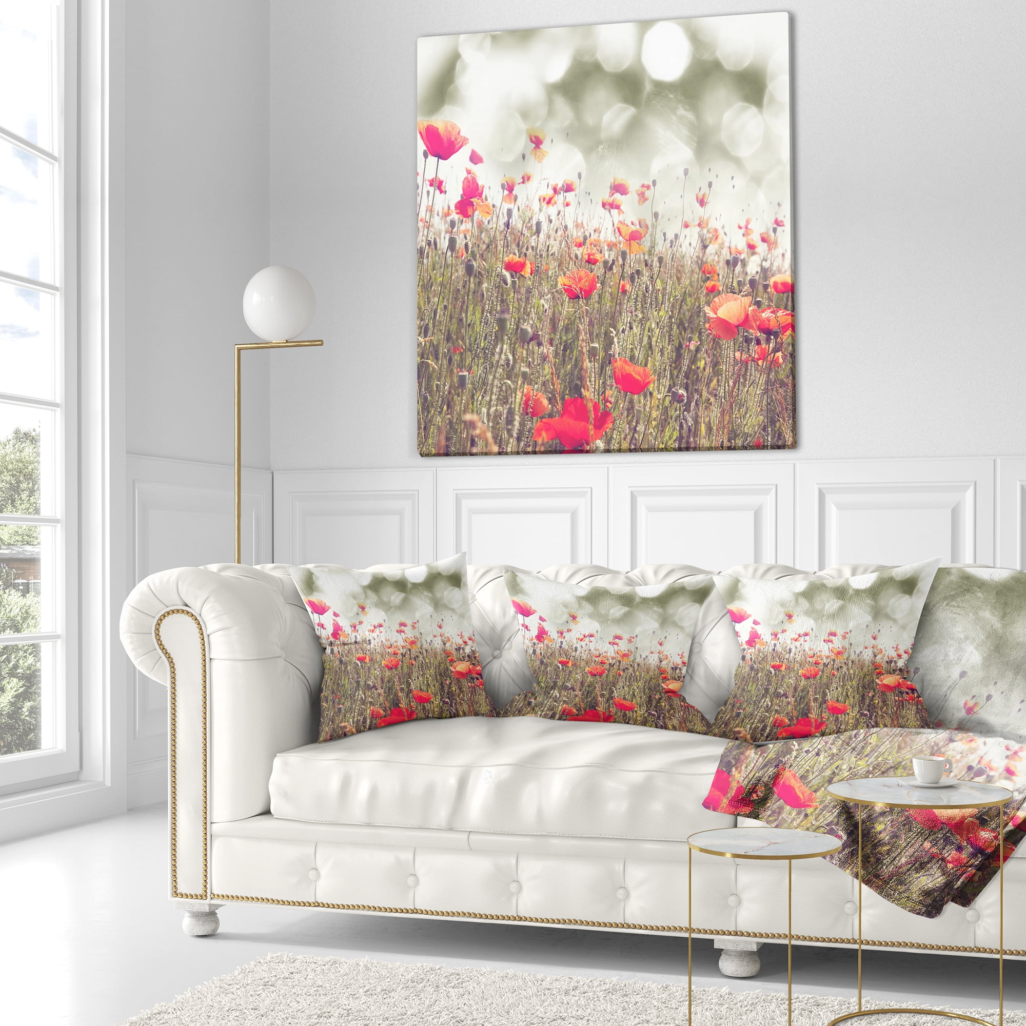 Designart Red Poppy Flowers Meadow - Floral Throw Pillow - 16x16
