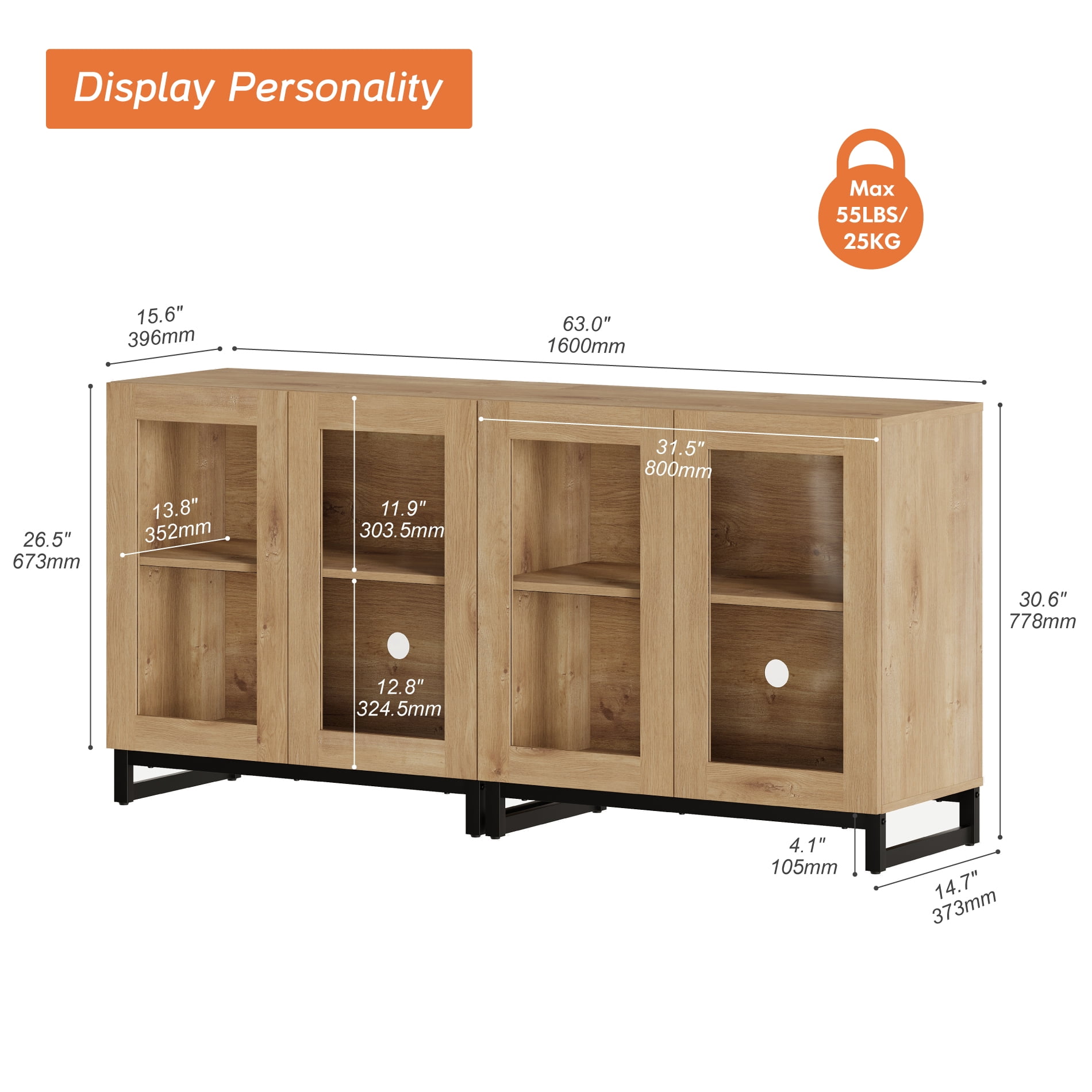 2 in 1 Sideboard Buffet with 4 Glass Doors & Adjustable Shelf, Modern Wood Grain Storage for Living Room, Kitchen,Oak