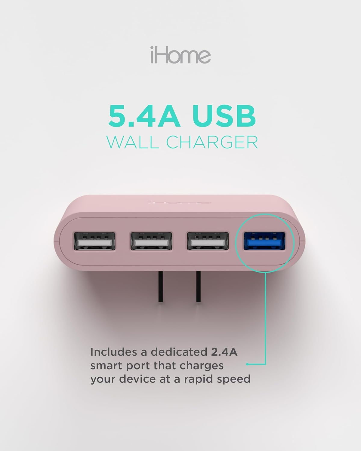 iHome Slim 4-Port USB Wall Charger, AC Pro Flat Plug Adapter, Charging Block for Home & Travel