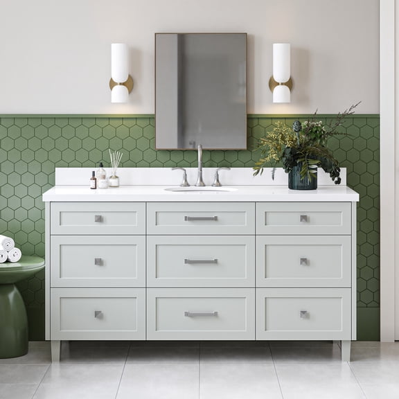 Ariel Monroe 67 Inch Single Oval Sink Bathroom Vanity With Pure White Quartz Countertop 1.5 inch Edge In Grey