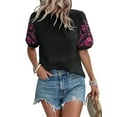 thumbnail image 2 of Women Floral Embroidered Textured Tops Crewneck Puff Short Sleeve Casual Loose Solid Embroidery Blouses Shirts Black L, 2 of 9